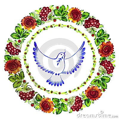 Pigeon peace decorative circlet of flowers Vector Illustration