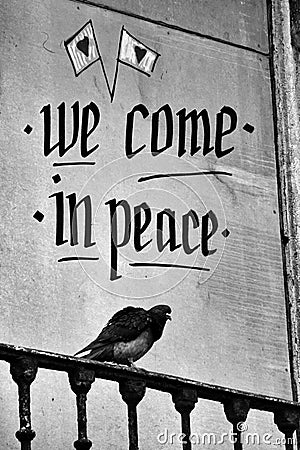 Pigeon perched on a balcony with peace message Stock Photo