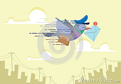 Pigeon postman flying over the sky sending email concept flat vector illustration Vector Illustration