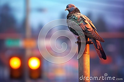 pigeon resting on a traffic light pole Stock Photo