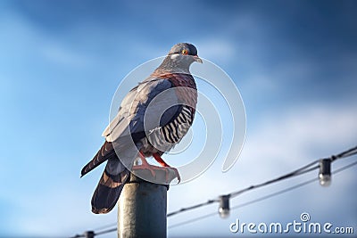 pigeon resting on a traffic light pole Stock Photo