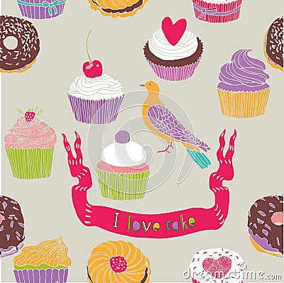 Pigeon and various cakes print Stock Photo