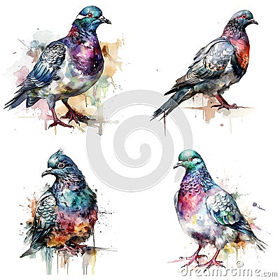 pigeon watercolor illustration set Cartoon Illustration