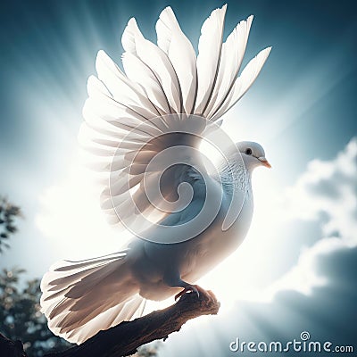 pigeon white flying isolated open wings for background Stock Photo