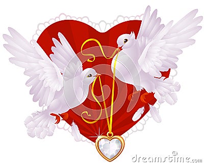 Pigeons and golden heart Vector Illustration