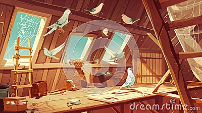 Pigeons live on dilapidated mansard or garret place with spider webs and antique stuff Cartoon modern illustration of Cartoon Illustration