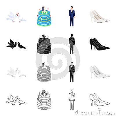 Pigeons, wedding cake, groom, bride s shoes. Wedding set collection icons in cartoon black monochrome outline style Vector Illustration