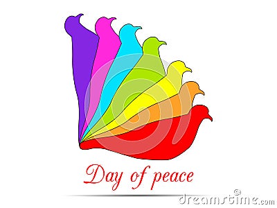 Pigeons on a white background. Doves in the colors of the rainbow logo. International Day of Peace. Vector Illustration
