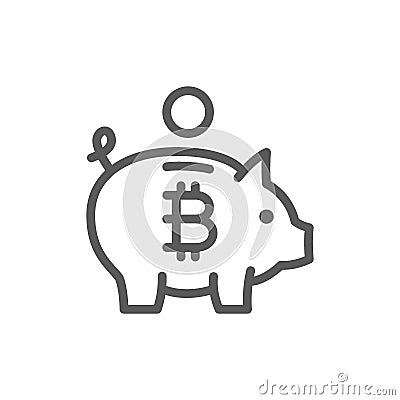 Piggy bank with bitcoin, cryptocurrency, crypto coin line icon. Vector Illustration