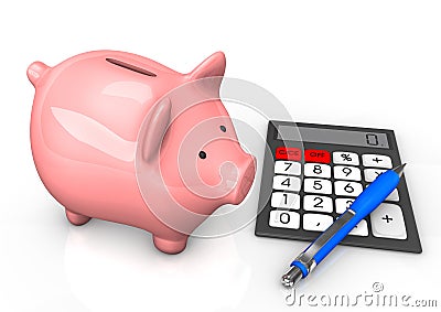 Piggy Bank Calculator Ballpen Stock Photo