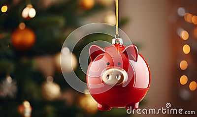 Piggy bank christmas decoration hanging on a Christmas tree branch. Seasonal savings and costs Stock Photo