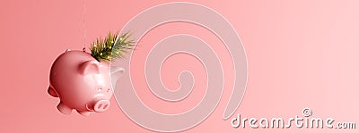 Piggy bank with Christmas fir tree decoration on pink background Stock Photo