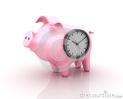 Piggy Bank with Clock Cartoon Illustration