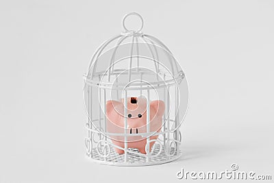 Piggy bank closed in a cage on white background - Concept of savings blocked Stock Photo