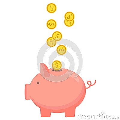 Piggy bank with coin icon, isolated flat style. Concept of money Vector Illustration