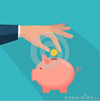 Piggy bank with coin icon, isolated flat style. Concept of money Vector Illustration