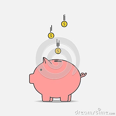 Piggy bank with coin. Money box in pig form. Concept of saving money. Vector Vector Illustration
