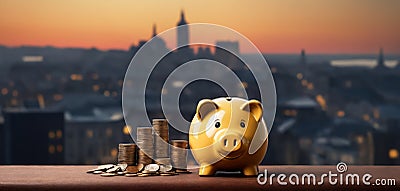 Piggy bank with coins and bank blurred building background dark themed wide banner with copy space area Stock Photo