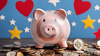 piggy bank and coins A piggy bank with a red heart sticker on its side. The piggy bank is full of coins and bitcoin Stock Photo