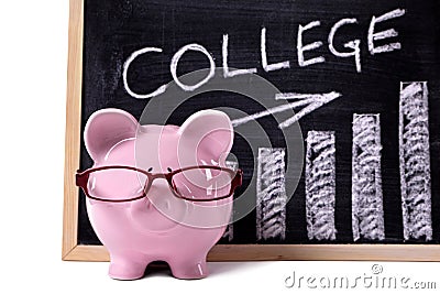 Piggy Bank with college savings or fees chart Stock Photo