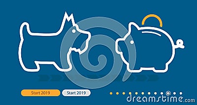 Piggy Bank 2019 and dog icon. Fully scalable vector icon in outline style. Stock Photo