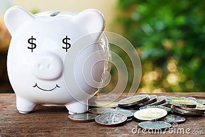 Piggy bank with dollar eye and pile of coin for saving money concept Stock Photo