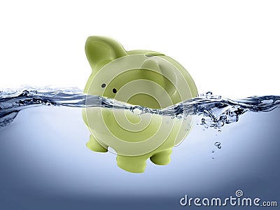 Piggy bank drown in water Stock Photo