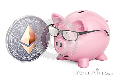 Piggy bank with ethereum coin, 3D rendering Editorial Stock Photo