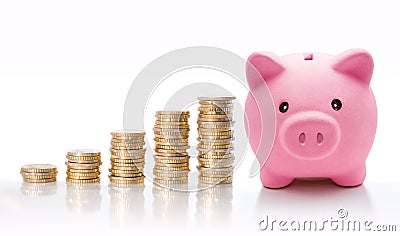 Piggy bank with euro coin stacks - concept of increase Stock Photo