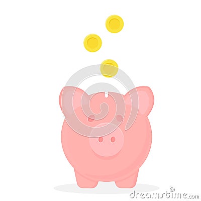 Piggy bank with falling coins. Vector icon. Save money Vector Illustration