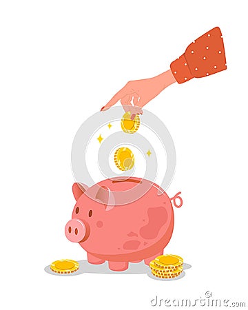 Piggy bank. Female hand puts gold coins in money box. Save money concept. Investments in future. Financial symbol Vector Illustration