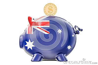 Piggy bank with flag of Australia and golden dollar coin. Invest Stock Photo