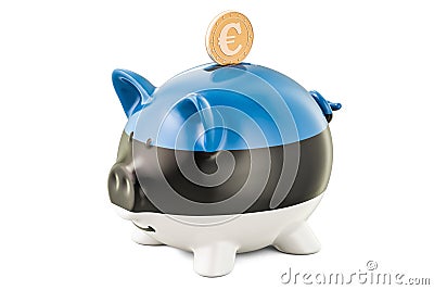 Piggy bank with flag of Estonia and golden euro coin. Investment Stock Photo