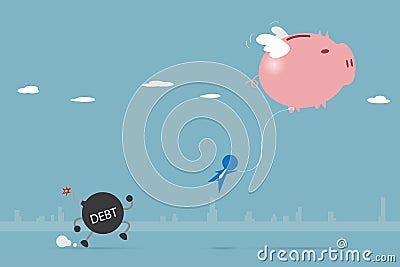 Piggy bank flying with businessman and debt character left behind Vector Illustration