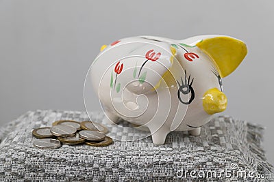 Piggy bank in the form of a painted pig. A handful of coins Stock Photo