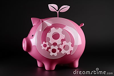 Piggy bank with gears inside and sprout, finance and financial, illustration. Generative AI Cartoon Illustration
