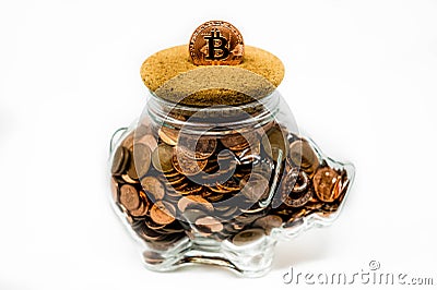 Isolated Clear Piggy Bank Full Of UK 1p and 2p Coins Stock Photo