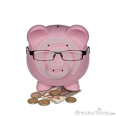 Piggy bank with glasses on money illustrated as a manager Stock Photo