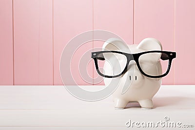 Piggy bank with glasses over pink wooden wall Stock Photo