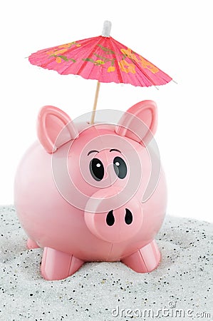 Piggy Bank Goes on Vacation Stock Photo