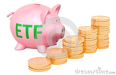 Piggy bank with golden coins. An exchange-traded fund ETF conc Stock Photo