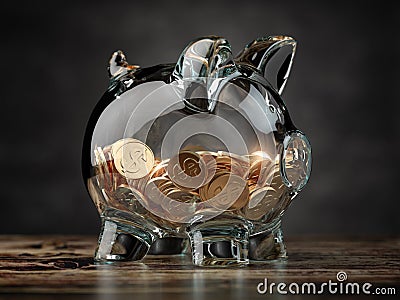 Piggy bank with golden coins. Financial investment, savings and family budget concept background Cartoon Illustration