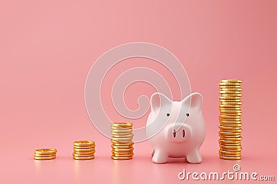 Piggy bank and golden stack coins of growing graph on pink background with saving money concept. Financial planning for the future Stock Photo