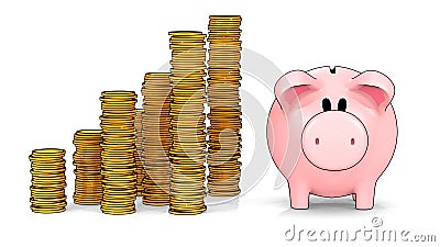 Piggy bank and growing stacks of coins in cel shading style - 3D illustration Cartoon Illustration
