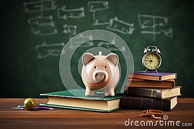 Piggy bank guards books, standing before a green chalkboard Stock Photo