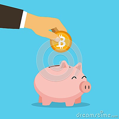 Piggy bank, hand holds golden bitcoin coin virtual money. Cryptocurrency and saving concept Cartoon Illustration