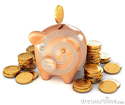 Piggy bank and heap of coins Cartoon Illustration