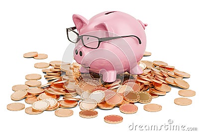 Piggy bank on heap of golden coins, 3D rendering Stock Photo