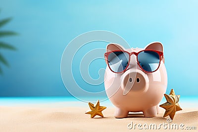 A piggy bank with holiday accessoires on a pastel background with copyspace Stock Photo