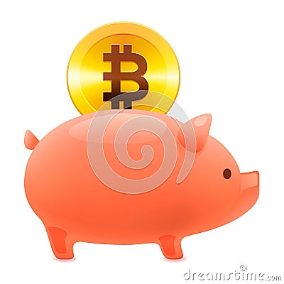 Piggy bank icon, golden bitcoin coin virtual money. Cryptocurrency and saving concept, vector illustration. Vector Illustration